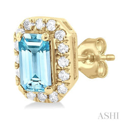5x3 MM Octagonal Shape Aquamarine and 1/8 ctw Single Cut Diamond Halo Semi Precious Stud Earrings in 14K Yellow Gold