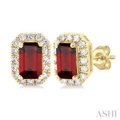 5x3 MM Octagonal Shape Garnet and 1/8 ctw Single Cut Diamond Halo Semi Precious Stud Earrings in 14K Yellow Gold