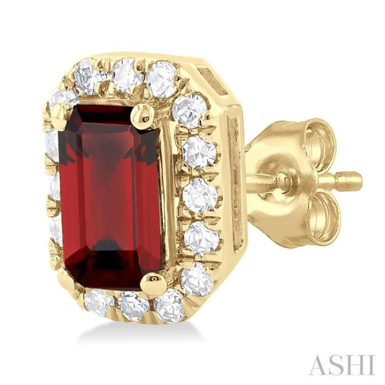 5x3 MM Octagonal Shape Garnet and 1/8 ctw Single Cut Diamond Halo Semi Precious Stud Earrings in 14K Yellow Gold