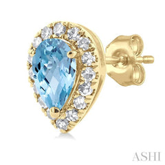 5x3 MM Pear Shape Aquamarine and 1/8 ctw Single Cut Diamond Halo Semi Precious Stud Earrings in 10K Yellow Gold