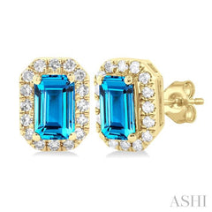 5x3 MM Octagonal Shape Blue Topaz and 1/8 ctw Single Cut Diamond Halo Semi Precious Stud Earrings in 10K Yellow Gold