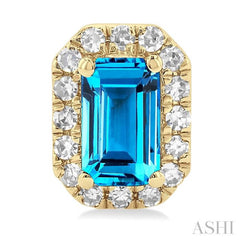 5x3 MM Octagonal Shape Blue Topaz and 1/8 ctw Single Cut Diamond Halo Semi Precious Stud Earrings in 10K Yellow Gold