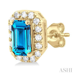 5x3 MM Octagonal Shape Blue Topaz and 1/8 ctw Single Cut Diamond Halo Semi Precious Stud Earrings in 10K Yellow Gold