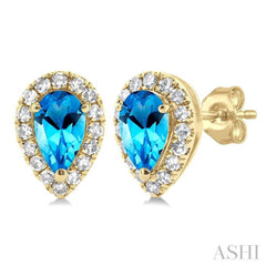 5x3 MM Pear Shape Blue Topaz and 1/8 ctw Single Cut Diamond Halo Semi Precious Stud Earrings in 10K Yellow Gold
