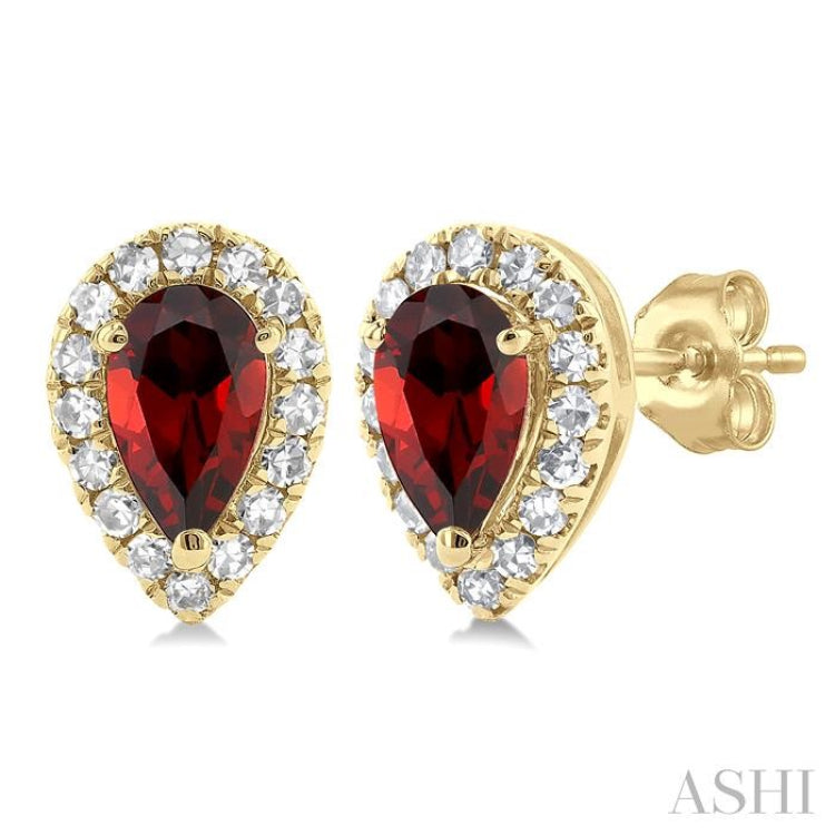 5x3 MM Pear Shape Garnet and 1/8 ctw Single Cut Diamond Halo Semi Precious Stud Earrings in 10K Yellow Gold