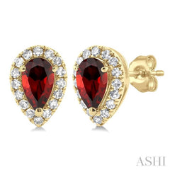 5x3 MM Pear Shape Garnet and 1/8 ctw Single Cut Diamond Halo Semi Precious Stud Earrings in 10K Yellow Gold