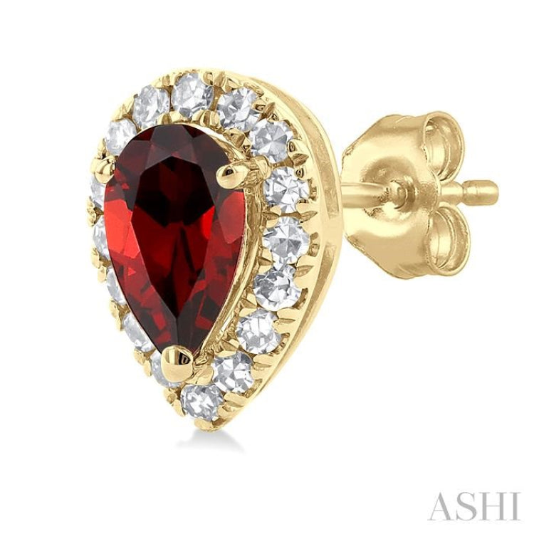 5x3 MM Pear Shape Garnet and 1/8 ctw Single Cut Diamond Halo Semi Precious Stud Earrings in 10K Yellow Gold