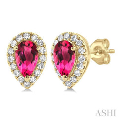 5x3 MM Pear Shape Pink Tourmaline and 1/8 ctw Single Cut Diamond Halo Semi Precious Stud Earrings in 10K Yellow Gold
