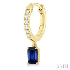 5x3 MM Emerald Cut Sapphire and 1/8 Ctw Round Cut Diamond Precious Petite Fashion Huggies in 10K Yellow Gold