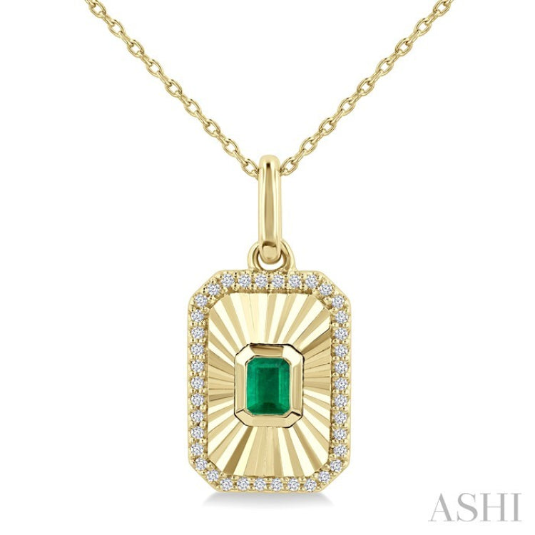 4X3 MM Octagon Shape Emerald and 1/8 Ctw Round Cut Diamond Pirouette Precious Fluted Medallion Pendant in 10K Yellow Gold with Chain