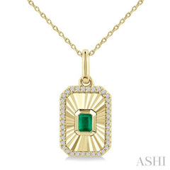 4X3 MM Octagon Shape Emerald and 1/8 Ctw Round Cut Diamond Pirouette Precious Fluted Medallion Pendant in 10K Yellow Gold with Chain