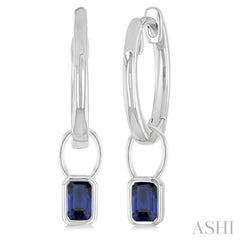 5x3 MM Bezel Set Emerald Cut Sapphire Precious Fashion Huggie Earrings in 14K White Gold