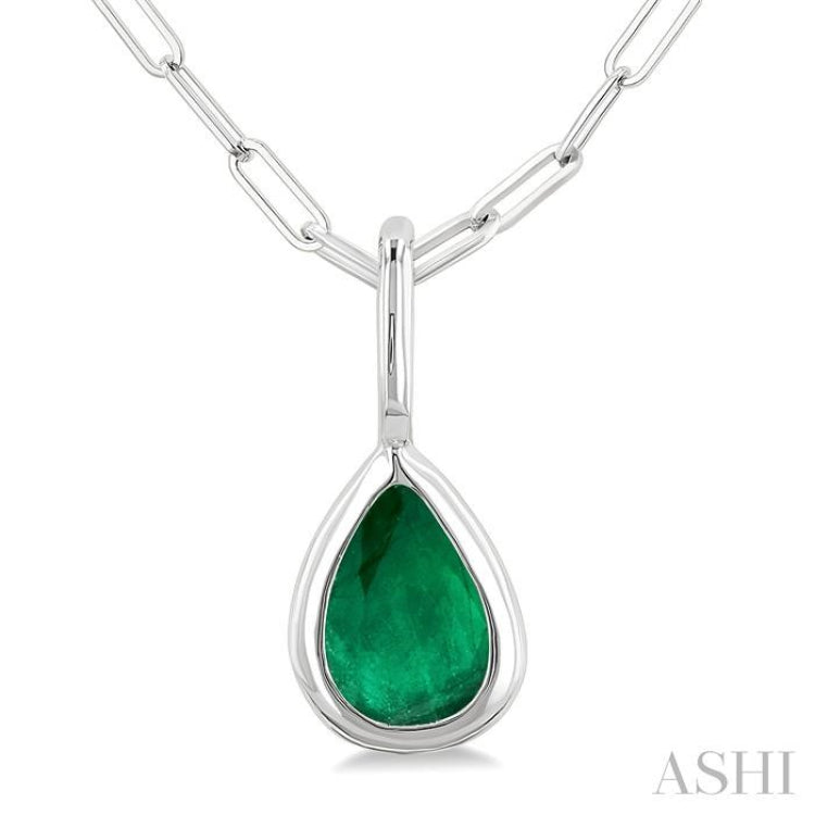 6x4 MM Bezel Set Pear Cut Emerald Precious Fashion Pendant With Paperclip Chain in 14K White Gold