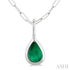 6x4 MM Bezel Set Pear Cut Emerald Precious Fashion Pendant With Paperclip Chain in 14K White Gold