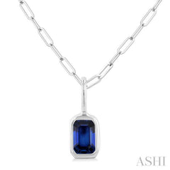 6x4 MM Bezel Set Emerald Cut Sapphire Precious Fashion Pendant With Paperclip Chain in 14K White Gold
