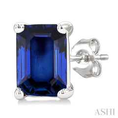 4X3 MM Octagon Shape Sapphire Precious Stud Earrings in 14K White Gold