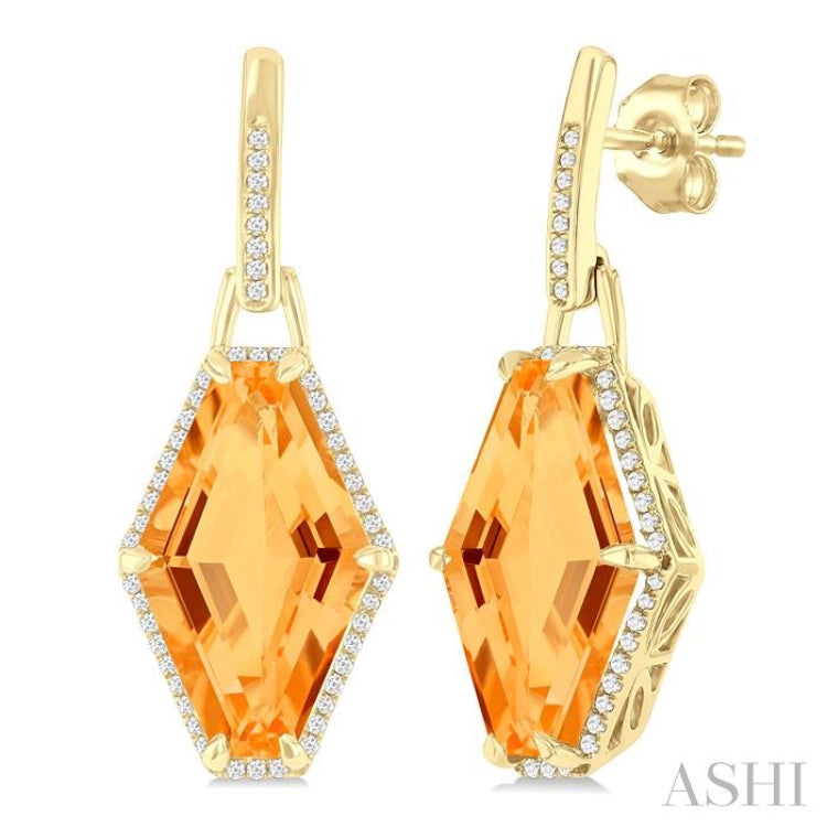 16x10 MM Hexagon Shape Citrine and 1/4 ctw Round Cut Diamond Halo Semi Precious Earrings in 14K Yellow Gold