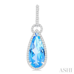18X8 MM Pear Cut Blue Topaz and 5/8 ctw Round Cut Diamond Halo Semi Precious Earrings in 14K White Gold