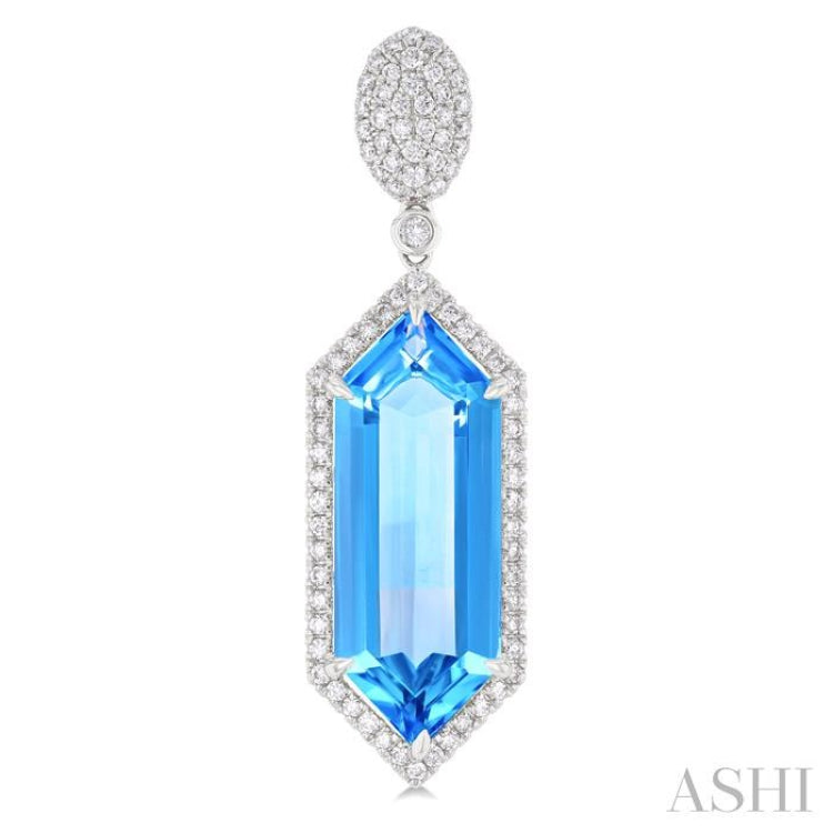 22x8 MM Hexagon Shape Blue Topaz and 7/8 ctw Round Cut Diamond Halo Semi Precious Earrings in 14K White Gold