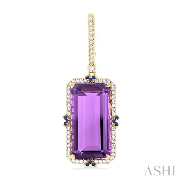 17x9 MM Emerald Cut Amethyst and .80 MM Sapphire & 1/3 ctw Round Cut Diamond Halo Precious & Semi-Precious Earrings in 14K Yellow Gold