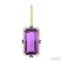 17x9 MM Emerald Cut Amethyst and .80 MM Sapphire & 1/3 ctw Round Cut Diamond Halo Precious & Semi-Precious Earrings in 14K Yellow Gold