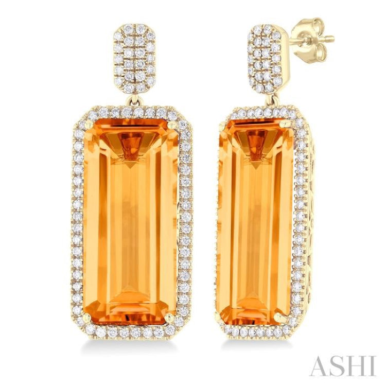 22x10 MM Emerald Cut Citrine and 7/8 ctw Round Cut Diamond Halo Semi Precious Earrings in 14K Yellow Gold