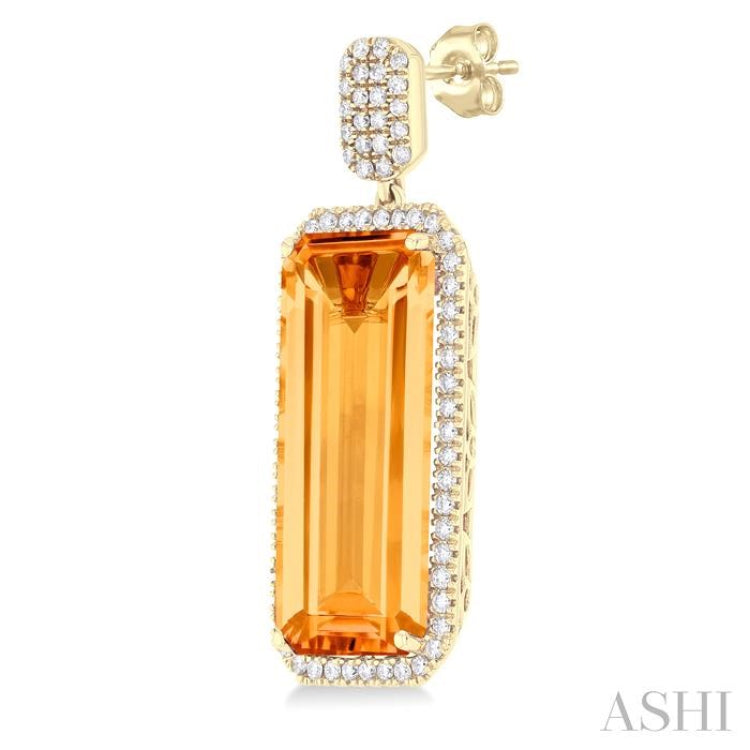 22x10 MM Emerald Cut Citrine and 7/8 ctw Round Cut Diamond Halo Semi Precious Earrings in 14K Yellow Gold
