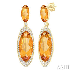 18x8 MM & 10x5 MM Oval Cut Citrine and 3/4 ctw Round Cut Diamond Halo Semi Precious Earrings in 14K Yellow Gold