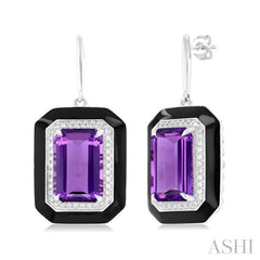 12x8 MM Emerald Cut Amethyst and 1/3 ctw Round Cut Diamond Halo & Black Enamel Border Semi Precious Earrings in 14K White Gold
