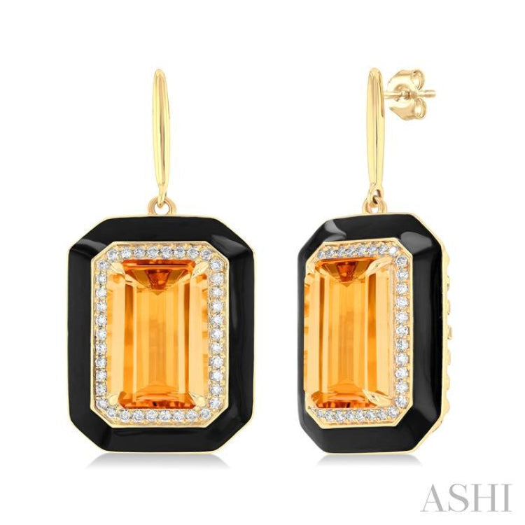 12x8 MM Emerald Cut Citrine and 1/3 ctw Round Cut Diamond Halo & Black Enamel Border Semi Precious Earrings in 14K Yellow Gold