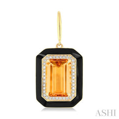 12x8 MM Emerald Cut Citrine and 1/3 ctw Round Cut Diamond Halo & Black Enamel Border Semi Precious Earrings in 14K Yellow Gold