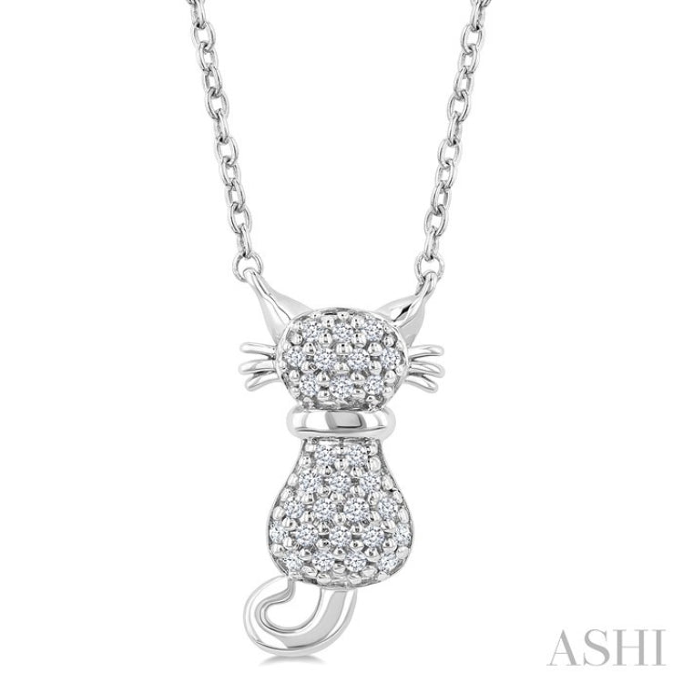 1/10 Ctw Cat Shape Petite Round Cut Diamond Fashion Pendant With Chain in 10K White Gold