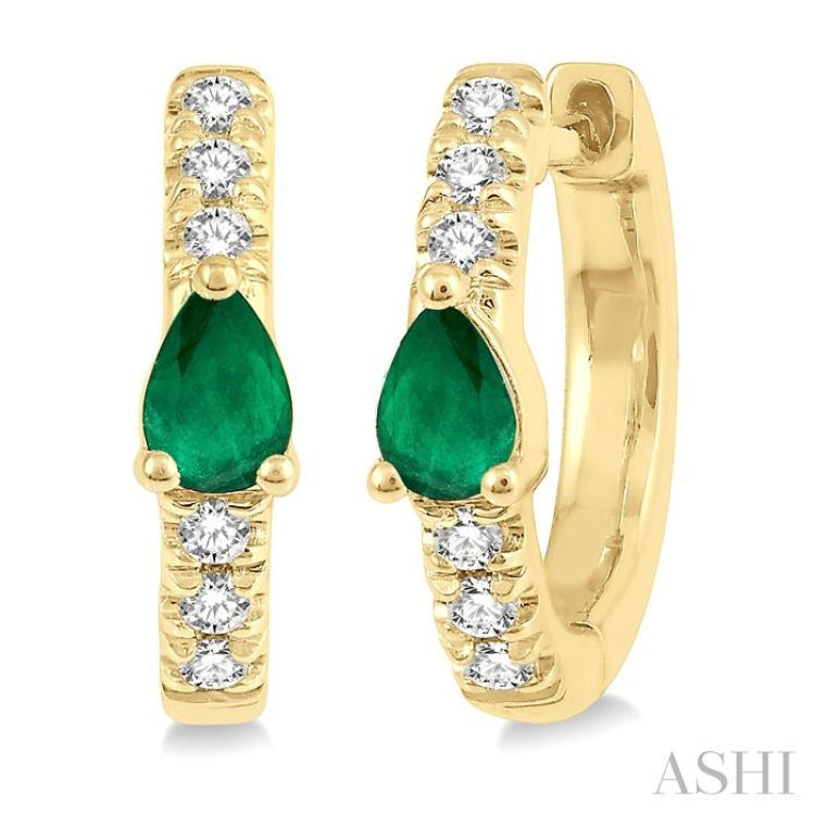 4X3 MM Pear Cut Emerald and 1/10 Ctw Round Cut Diamond Petite Huggie Earrings in 10K Yellow Gold
