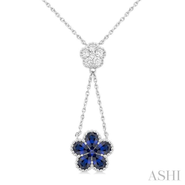 4x3 MM Pear Cut & 1.8 MM Round Sapphire and 1/5 ctw Round Cut Diamond Floral Blossom Precious Necklace in 14K White Gold