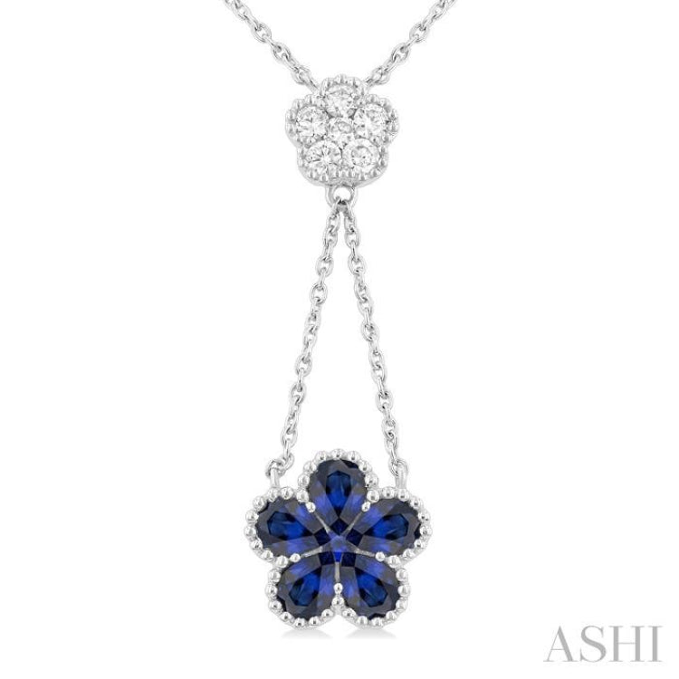 4x3 MM Pear Cut & 1.8 MM Round Sapphire and 1/5 ctw Round Cut Diamond Floral Blossom Precious Necklace in 14K White Gold