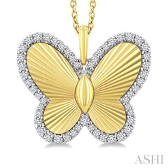 1/4 Ctw Fluted Texture Butterfly Round Cut Diamond Pirouette Fashion Pendant With Chain in 10K Yellow and White Gold