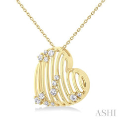 1/4 ctw Open Window Ridged Heart Round Cut Diamond Pendant With Chain in 14K Yellow Gold