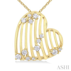 1/4 ctw Open Window Ridged Heart Round Cut Diamond Pendant With Chain in 14K Yellow Gold