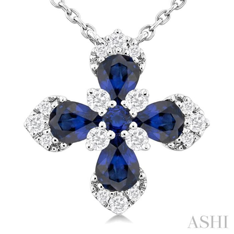 4x3 MM Pear and 2 MM Round Sapphire and 1/6 ctw Round Cut Diamond Floral Blossom Precious Pendant With Chain in 14K white Gold