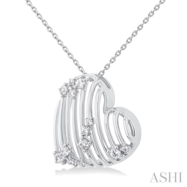 1/4 ctw Open Window Ridged Heart Round Cut Diamond Pendant With Chain in 14K White Gold