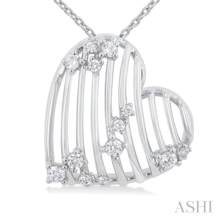 1/4 ctw Open Window Ridged Heart Round Cut Diamond Pendant With Chain in 14K White Gold