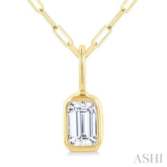 1/5 Ctw Emerald Cut Bezel Set Diamond Fashion Pendant With Paperclip Chain in 10K Yellow Gold