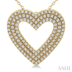 3/8 ctw  Heart Shape Triple Row Round Cut Diamond Fashion Pendant With Chain in 10K Yellow Gold