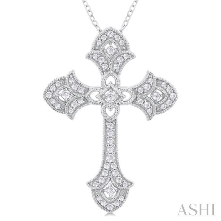 1/4 Ctw Cross Round Cut Diamond Fashion Pendant With Chain in 14K White Gold