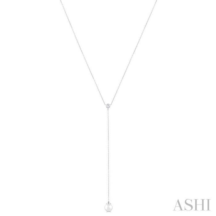 7 MM Round Shape Cultured Pearl and 1/20 ctw Round Cut Diamond Lariat Necklace in 14K White Gold