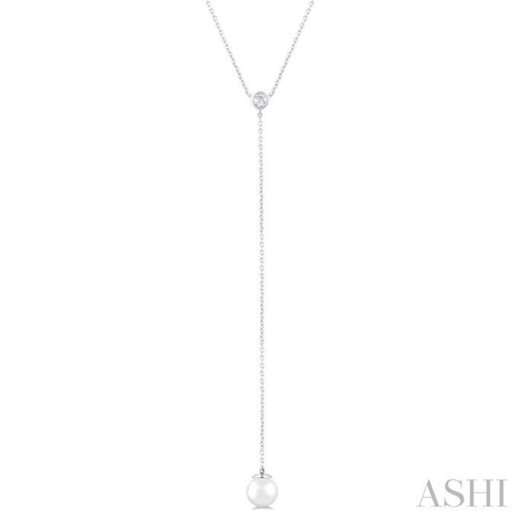 7 MM Round Shape Cultured Pearl and 1/20 ctw Round Cut Diamond Lariat Necklace in 14K White Gold