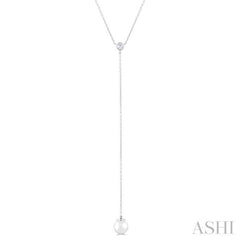 7 MM Round Shape Cultured Pearl and 1/20 ctw Round Cut Diamond Lariat Necklace in 14K White Gold