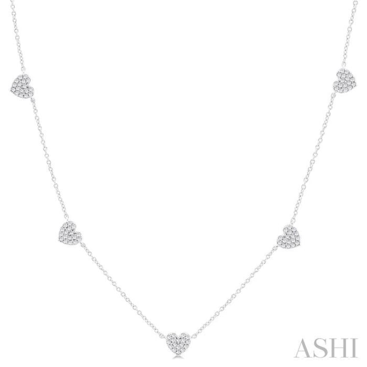 1/4 ctw Heart Motif Round Cut Diamond Station Necklace in 14K White Gold