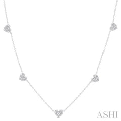 1/4 ctw Heart Motif Round Cut Diamond Station Necklace in 14K White Gold
