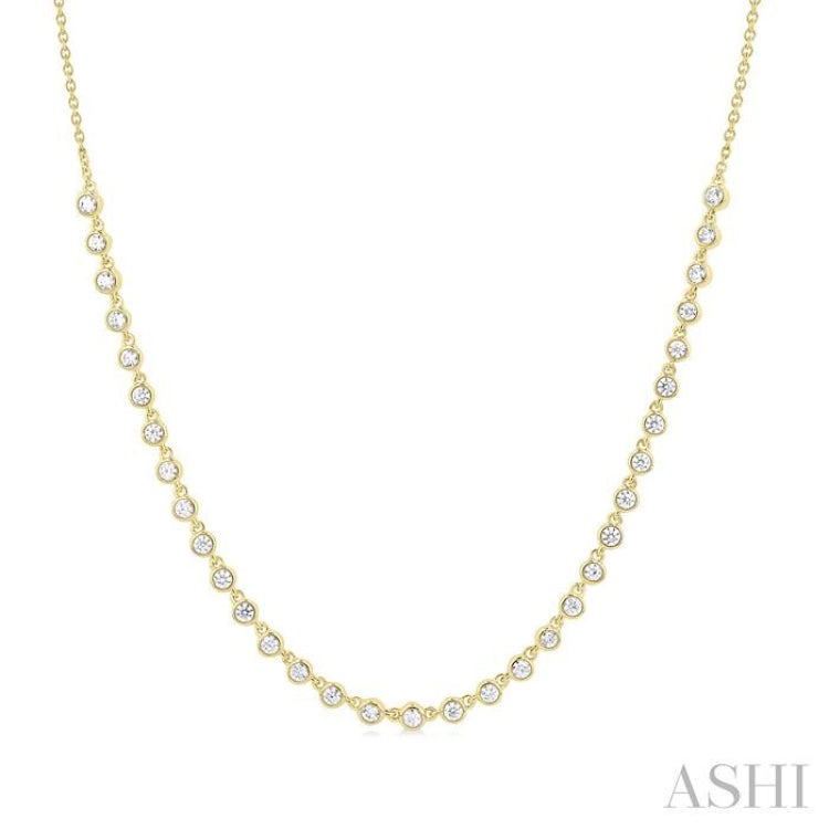 3/4 ctw Halfway Bezel Set Round Cut Diamond Tennis Necklace in 14K Yellow Gold